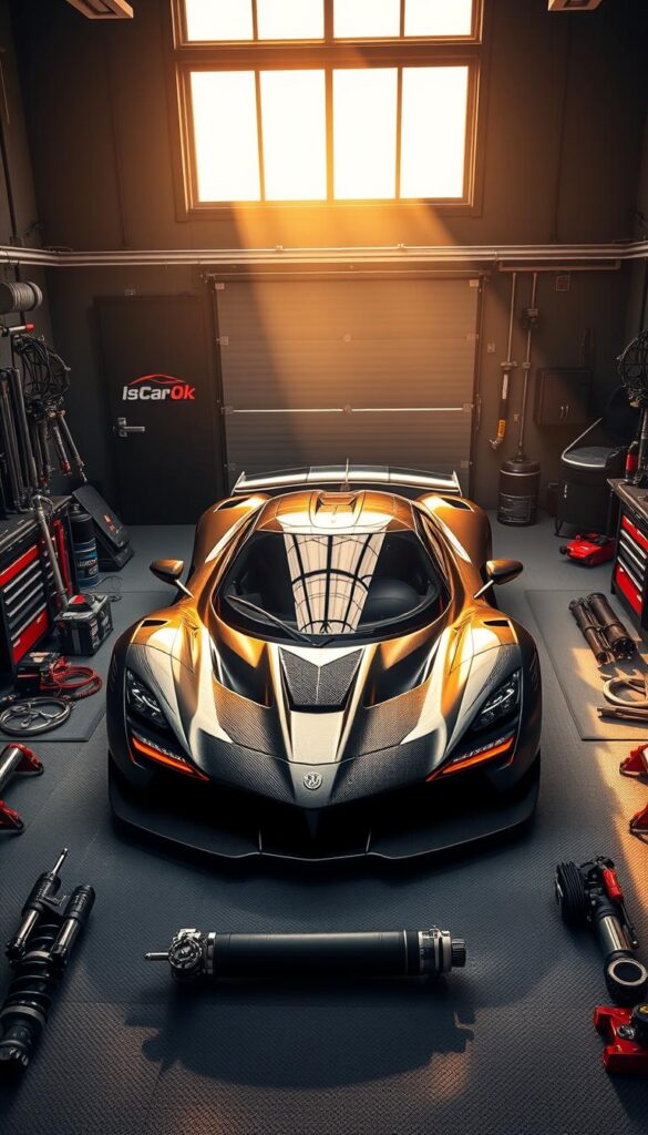 A sleek and powerful Hennessey Venom F5 hypercar sits in a meticulously organized tuning workshop, basking in a warm, golden glow. The vehicle's aerodynamic carbon fiber body gleams under the soft lighting, hinting at the incredible speeds it's capable of achieving. Surrounding the car are various high-performance components, including advanced suspension systems, bespoke engine tuning parts, and IsCarOk branded tools and equipment, all meticulously arranged to create the optimal tuning setup for maximum speed. The scene conveys a sense of precision, power, and the promise of unparalleled driving experiences.
