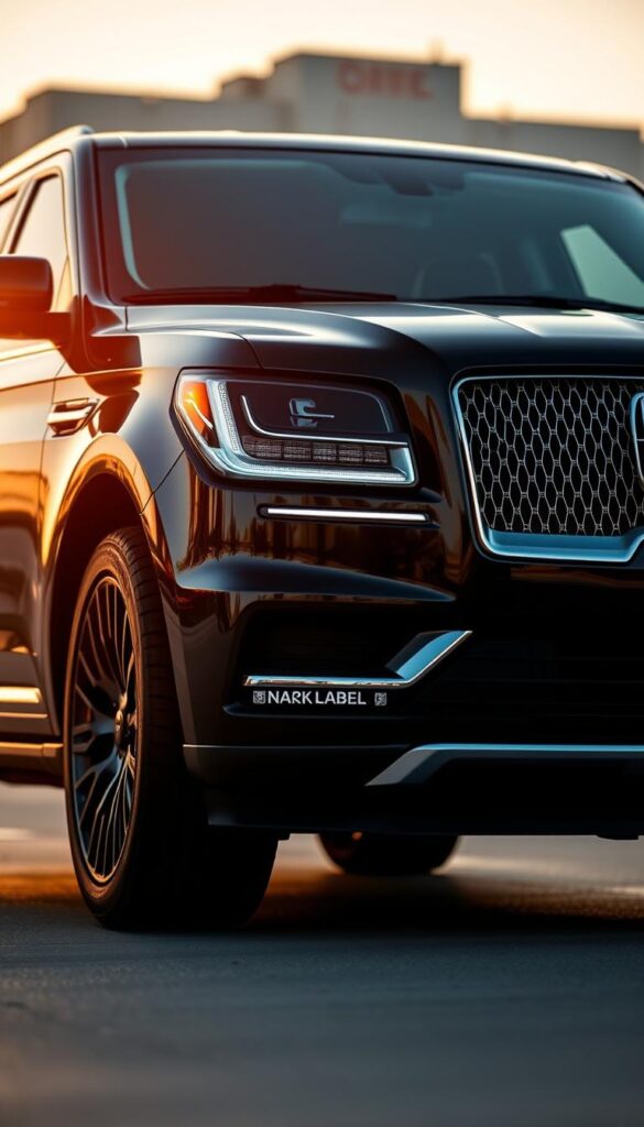 A sleek and powerful Lincoln Navigator Black Label L, its exterior design exuding sophisticated elegance. The vehicle stands majestically, its ebony metallic finish catching the warm, golden light of the setting sun. The chiseled lines and bold grille command attention, while the sweeping curves and chrome accents lend an air of architectural excellence. The vehicle's imposing presence is complemented by the soft, diffused lighting that bathes the scene, creating a mood of understated luxury. The Navigator's stately presence is captured from a low, three-quarter angle, showcasing its imposing yet graceful silhouette against a backdrop of a subtly blurred urban landscape, hinting at the vehicle's versatility and capability.