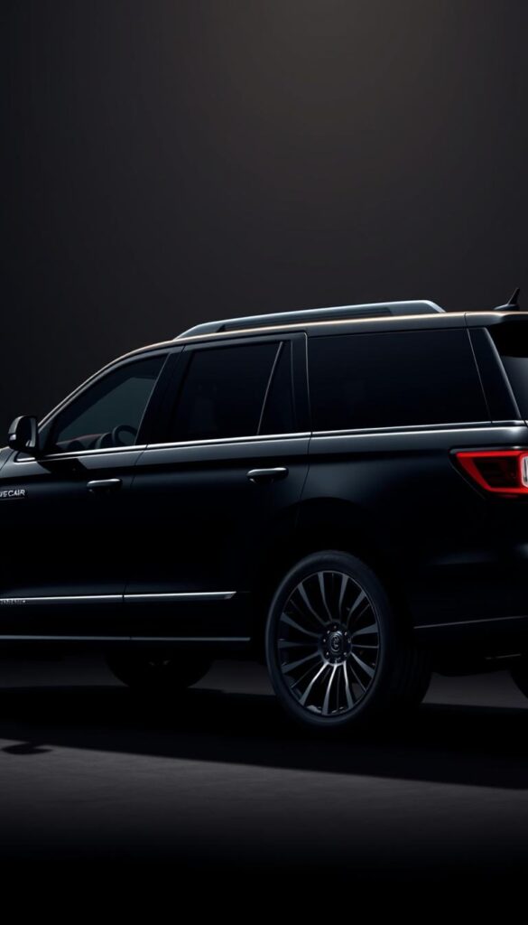 A sleek and powerful Lincoln Navigator Black Label SUV standing proudly against a dark, moody backdrop. The vehicle's muscular frame and bold exterior design features are accentuated by dramatic low-angle lighting, casting dynamic shadows that convey its performance-oriented nature. The smooth, ebony bodywork gleams under the subtle, warm illumination, while the subtle chrome accents and large alloy wheels add a touch of refined sophistication. The scene exudes a sense of refined power and luxury, perfectly capturing the essence of the Black Label trim's premium performance specifications.