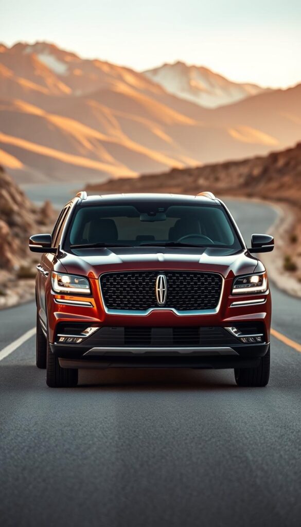 A sleek and powerful Lincoln Navigator High Performance SUV stands prominently in the foreground, its muscular lines and bold grille casting a commanding presence. The vehicle is bathed in warm, golden light, creating a sense of luxury and refinement. In the middle ground, the smooth, winding road stretches out, inviting the viewer to experience the SUV's impressive handling and agility. The background features a majestic mountain range, hinting at the adventurous capabilities of this high-performance luxury SUV. The overall scene conveys a perfect balance of power, elegance, and the ability to conquer any terrain with ease.