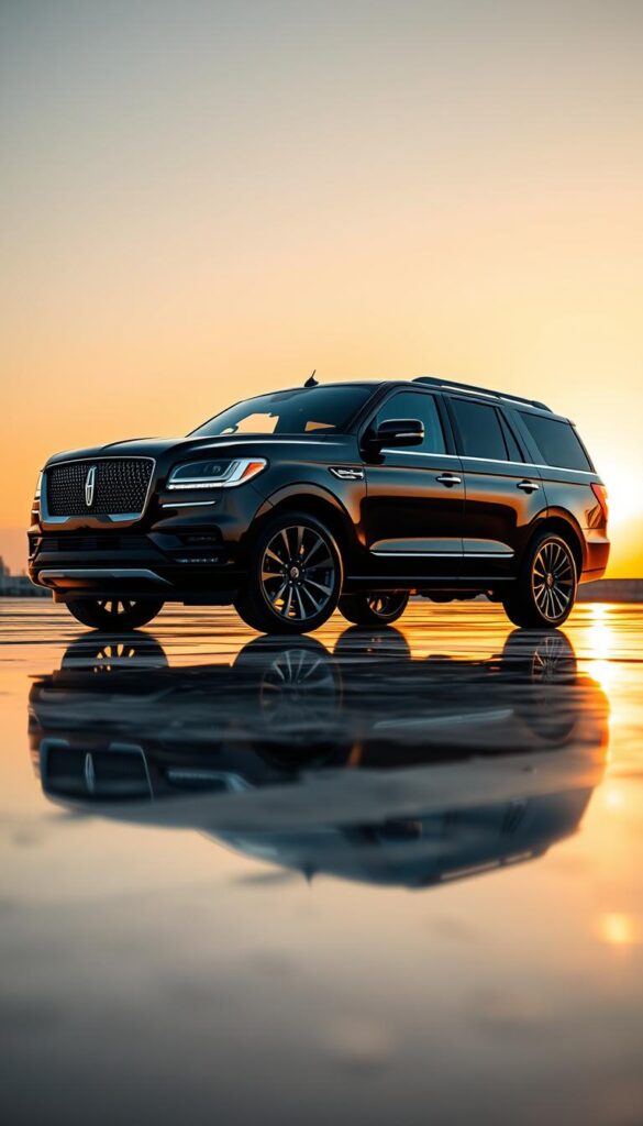 A sleek and powerful Lincoln Navigator L Black Label SUV stands majestically on a smooth, reflective surface, its ebony exterior gleaming under the warm, golden light of a setting sun. The vehicle's muscular frame and distinctive grille convey a sense of refined sophistication and performance, while its imposing presence commands attention. The low-angle perspective emphasizes the Navigator's imposing stature and advanced aerodynamic design, hinting at the potent capabilities lurking beneath the surface. Subtle details, such as the dark chrome accents and large alloy wheels, add to the vehicle's luxurious and athletic aesthetic. The serene, reflective environment creates a sense of tranquility, allowing the Navigator's bold, commanding presence to take center stage.