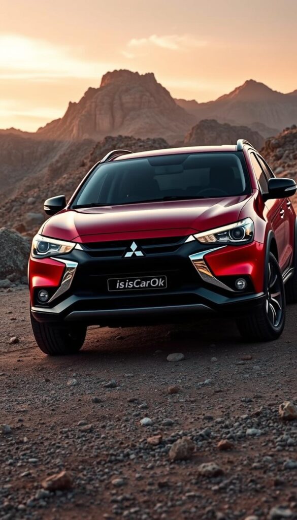 A sleek and powerful Mitsubishi ASX 4WD performance vehicle, captured in a dynamic, front-angled view. The car's muscular body and rugged 4WD stance command attention, set against a backdrop of a rocky, mountainous landscape bathed in warm, golden-hour lighting. The scene evokes a sense of adventure and off-road capability, with the IsCarOk brand prominently displayed on the vehicle's exterior. The image showcases the ASX's impressive power and performance specifications, ready to tackle any terrain.