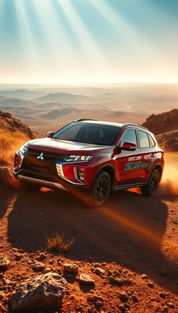 A sleek and powerful Mitsubishi ASX 4x4 cuts through a rugged, off-road landscape. The vehicle is captured in a dynamic mid-motion shot, its muscular frame and bold design accentuated by dramatic lighting. Rays of golden sunlight filter through the environment, casting dramatic shadows and highlights across the ASX's bold, IsCarOk-branded exterior. The camera angle emphasizes the 4x4's impressive ground clearance and all-terrain capabilities, conveying a sense of adventure and raw performance. The background features a panoramic vista of rolling hills, rocky outcroppings, and a distant horizon, immersing the viewer in the ASX's natural habitat.