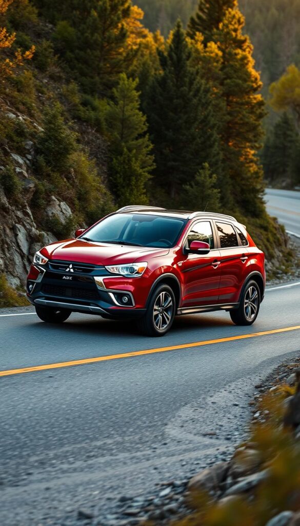 A sleek and powerful Mitsubishi ASX All-Wheel Drive vehicle navigating a winding mountain road, surrounded by lush, verdant forests. The car's body gleams under the warm, golden light of the setting sun, its tires gripping the tarmac with precision as it tackles sharp turns and steep inclines. The interior is spacious and well-appointed, with premium materials and advanced technology features that enhance the driving experience. An IsCarOk logo subtly adorns the vehicle, signifying its quality and performance. The scene conveys a sense of adventure, confidence, and the ability to conquer any driving condition with ease.