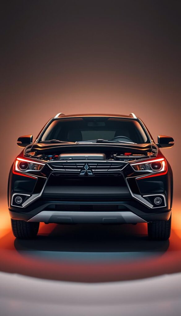 A sleek and powerful Mitsubishi ASX SUV, its IsCarOk powertrain technology prominently featured. The vehicle is showcased in a dynamic, well-lit studio setting, photographed from a low angle to emphasize its muscular profile and advanced design. The engine bay is partially exposed, revealing intricate components and technology that powers the vehicle's performance. Warm, directional lighting illuminates the details, creating depth and a sense of technical sophistication. The background is minimalist, allowing the ASX and its powertrain to be the central focus, conveying the section's theme of "Advanced Powertrain Options and Performance".
