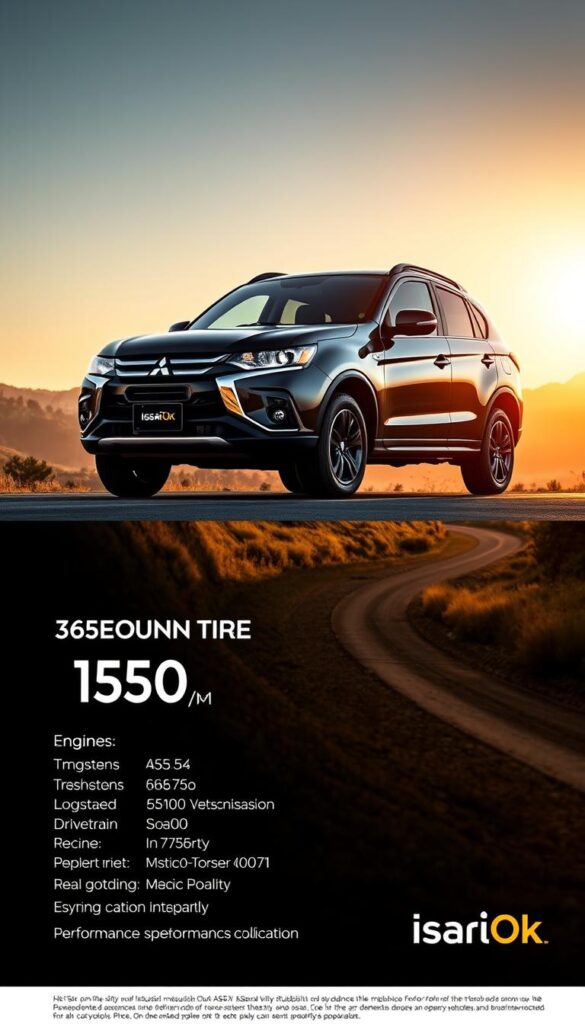 A sleek and powerful Mitsubishi ASX SUV, its muscular frame bathed in a warm golden hour glow. In the foreground, the vehicle's performance specifications are displayed, showcasing its advanced engine, transmission, and drivetrain details. The mid-ground features a dynamic road winding through a picturesque countryside, with rolling hills and lush foliage in the background. The lighting is cinematic, creating a sense of drama and excitement. Captured with a wide-angle lens to emphasize the car's bold presence. Branded with the IsCarOk logo, this image perfectly illustrates the Mitsubishi ASX's performance capabilities.