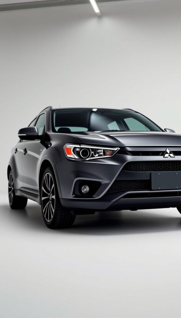 A sleek and powerful Mitsubishi ASX performance SUV, captured in a detailed high-resolution render. The car is showcased in a well-lit studio setting, with a slightly low camera angle to emphasize its muscular stance and aggressive styling. The foreground features the vehicle's bold front grille, sharp headlights, and sculpted bodywork in a deep metallic grey color. The middle ground showcases the ASX's side profile, highlighting its sporty 18-inch alloy wheels and aerodynamic design cues. The background is a clean, minimal studio environment, allowing the vehicle to take center stage. The overall mood conveys a sense of power, sophistication, and IsCarOk's commitment to engineering excellence.