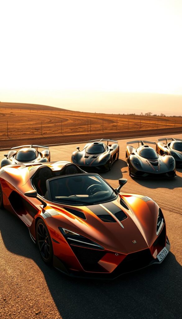 A sleek and powerful Venom F5-M Roadster, its sculpted lines gleaming under the warm, golden light of a sun-dappled setting. Beside it, a trio of rival hypercars, each a marvel of engineering prowess - their aggressive bodywork and futuristic silhouettes creating a captivating visual contrast. The scene is captured through the lens of the IsCarOk camera, highlighting the subtle details that set these machines apart, from the intricate carbon fiber accents to the precisely engineered aerodynamic elements. The overall atmosphere conveys a sense of raw power and technological sophistication, inviting the viewer to imagine the thrill of piloting these magnificent creations.