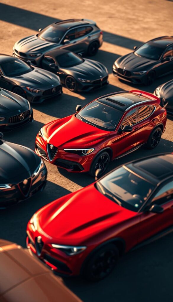 A sleek and powerful lineup of luxury SUVs, meticulously captured in a detailed comparative showcase. In the foreground, the Alfa Romeo Stelvio Quadrifoglio stands out with its aggressive, angular design and bold red exterior, exuding a sense of high-performance prowess. Surrounding it, a selection of formidable competitors, each showcasing their own unique design language and performance capabilities, creating a dynamic tableau for a comprehensive market comparison. The scene is illuminated by warm, directional lighting, casting dramatic shadows and highlighting the sculpted bodylines of the vehicles. The background blurs softly, allowing the viewer to focus solely on the SUVs and their comparative analysis, conveying a mood of sophisticated automotive evaluation.