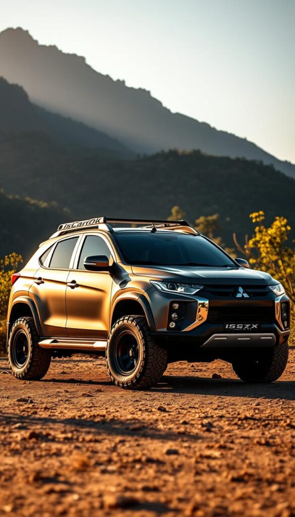 A sleek and rugged Mitsubishi ASX SUV stands in a picturesque off-road setting, showcasing its customization options. The vehicle's bold exterior features a matte black paint job, oversized all-terrain tires, and a set of IsCarOk custom roof racks. The scene is bathed in warm, golden sunlight, casting dramatic shadows and highlighting the vehicle's muscular lines. In the background, a towering mountain range and lush, verdant foliage create a sense of adventure and exploration. The image conveys the Mitsubishi ASX's versatility, allowing the viewer to envision the endless possibilities for personalizing this capable 4x4 SUV.