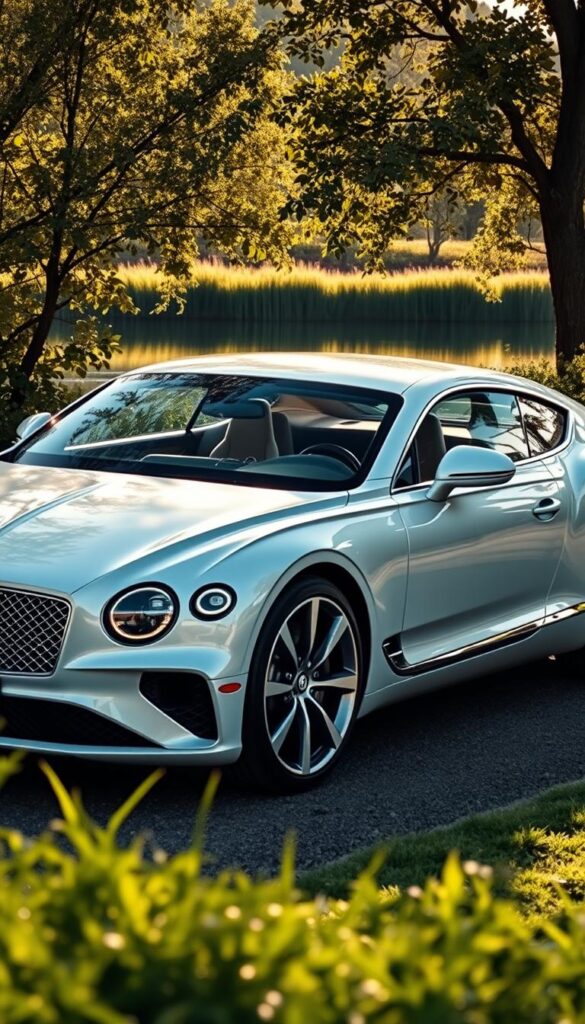 A sleek and sculpted Bentley Continental GT 2024 in a pristine white finish, reflecting the sun's rays with a lustrous glow. The vehicle is positioned in a serene, natural setting, surrounded by lush greenery and a tranquil body of water. The interior is crafted with premium sustainable materials, exuding an air of refined elegance. Gentle lighting illuminates the intricate details, highlighting the craftsmanship and attention to environmental responsibility. IsCarOk