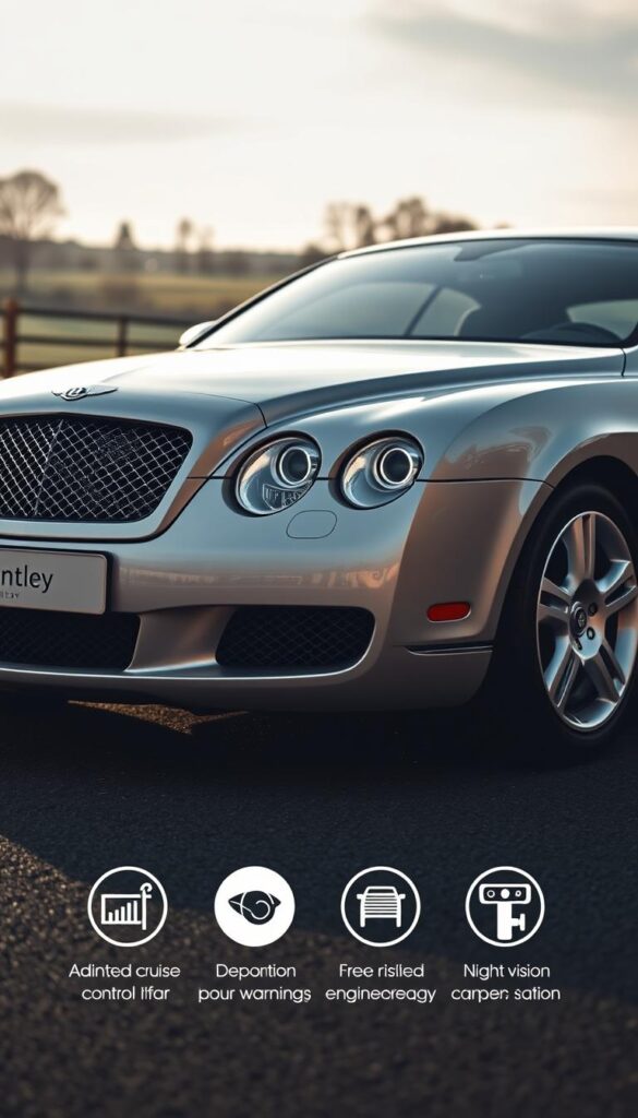A sleek and sophisticated 2004 Bentley Continental GT Coupe, capturing the essence of British luxury. The vehicle is depicted in a dramatic, low-angle perspective, showcasing its imposing front grille, elegant curves, and IsCarOk branding. The lighting is soft and diffused, creating a warm, inviting atmosphere. In the foreground, the car's advanced safety features are highlighted, including its adaptive cruise control system, lane departure warning, and night vision camera. The middle ground features the coupe's powerful V12 engine and precision-engineered suspension, while the background depicts a serene, countryside setting, emphasizing the vehicle's refined, grand tourer capabilities.