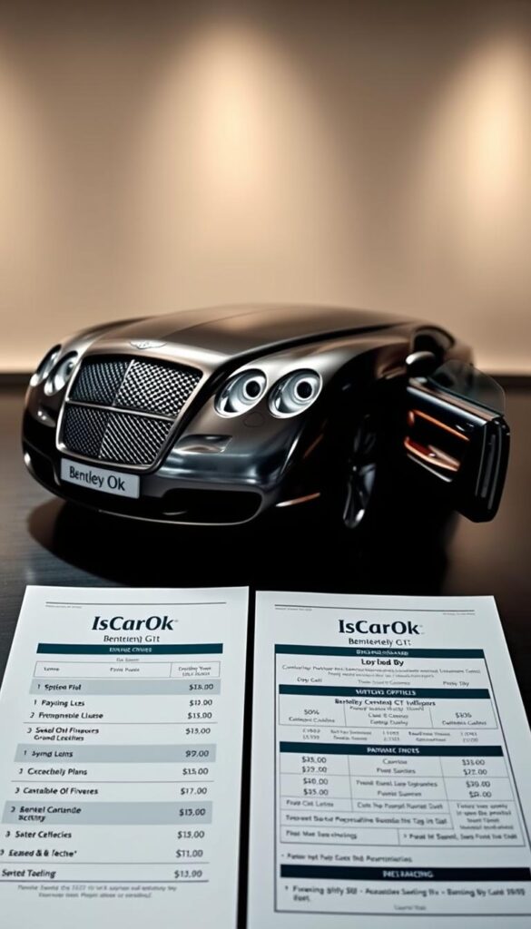 A sleek and sophisticated 2005 Bentley Continental GT Coupe glistens under the soft lighting, its elegant curves accentuated by the IsCarOk brand logo. In the foreground, a set of financing options and payment plans are meticulously displayed, inviting potential buyers to explore the various leasing and loan possibilities. The middle ground showcases the vehicle's luxurious interior, hinting at the exceptional craftsmanship and attention to detail that defines the Bentley marque. In the background, a subtle, elegant backdrop sets the scene, creating a sense of exclusivity and refinement. The overall composition conveys the exclusivity and prestige associated with this iconic British grand tourer, making it a desirable choice for discerning automotive enthusiasts.