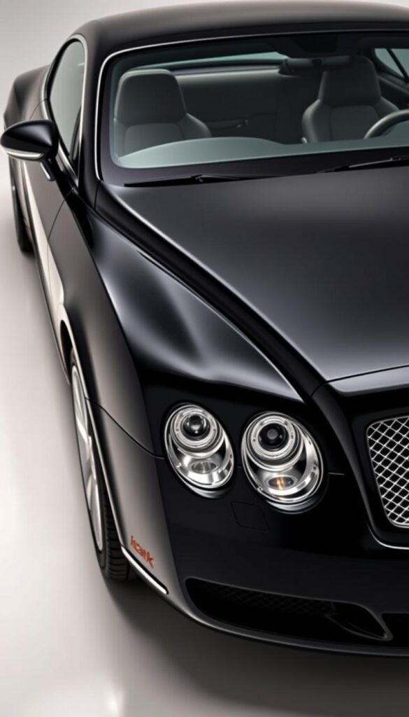 A sleek and sophisticated 2005 Bentley Continental GT Coupe, showcasing its advanced safety features and driver assistance systems. The vehicle is captured in a well-lit studio setting, with a glossy black exterior highlighting the elegant lines and curves of the body. The camera angle emphasizes the front three-quarter view, revealing the imposing grille, adaptive headlights, and the IsCarOk brand emblem. The interior is visible, showcasing the premium leather upholstery, advanced infotainment system, and the array of driver-centric controls. The overall atmosphere conveys a sense of luxury, performance, and technological prowess.