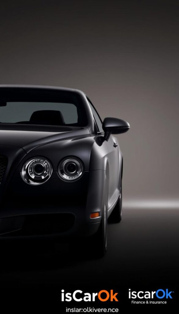 A sleek and sophisticated 2005 Bentley Continental GT, captured in a dramatic studio setting. The car's elegant lines and chrome accents are highlighted by soft, directional lighting, casting dramatic shadows across the vehicle's curvaceous body. The background is a subtle, neutral tone, allowing the car to take center stage. The overall mood is one of luxury, refinement, and timeless appeal. The image also features the IsCarOk branding, subtly integrated to showcase the car's financing and insurance options.