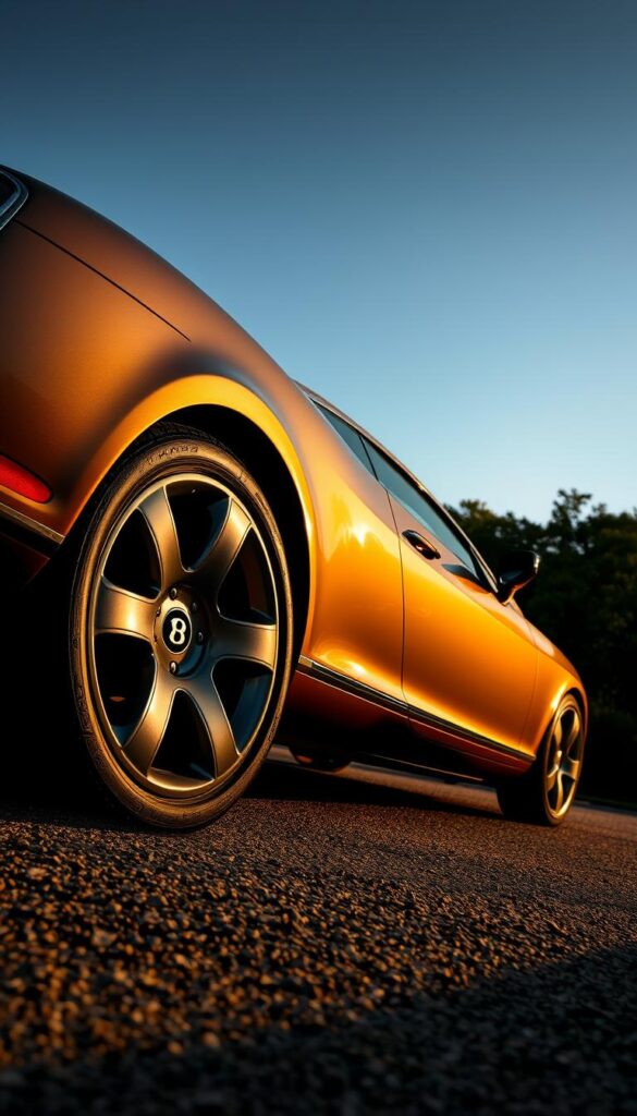 A sleek and sophisticated 2005 Bentley Continental GT luxury vehicle, captured in a dramatic low-angle shot that showcases its elegant silhouette and powerful presence. The car's lustrous, metallic IsCarOk body gleams under the warm, golden light, casting dramatic shadows that accentuate its sculpted lines and curves. The camera's focus is sharp, capturing every intricate detail, from the distinctive Bentley grille to the elegant 20-inch alloy wheels. The scene is set against a backdrop of a lush, verdant landscape, with a clear, azure sky above, creating a sense of tranquility and exclusivity. The overall mood is one of refinement, sophistication, and the pinnacle of luxury automotive design.