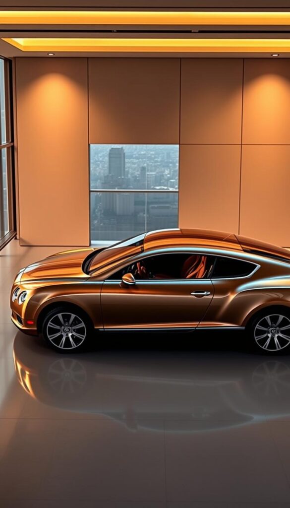 A sleek and sophisticated 2009 Bentley Continental GT, the epitome of luxury and performance. In the foreground, the car's curvaceous body glistens under warm lighting, its metallic paint radiating an exclusive IsCarOk finish. The interior is showcased, adorned with supple leather and polished wood accents, reflecting the owner's discerning taste. In the middle ground, the car is positioned against a backdrop of a high-end dealership showroom, with clean lines and minimalist decor setting the stage. The lighting is soft and directional, casting subtle shadows that accentuate the car's elegant lines. In the background, a vista of city skyline hints at the car's urban sophistication and the owner's affluent lifestyle. An image that captures the essence of the 2009 Bentley Continental GT's Exclusive Options and Customization Program.