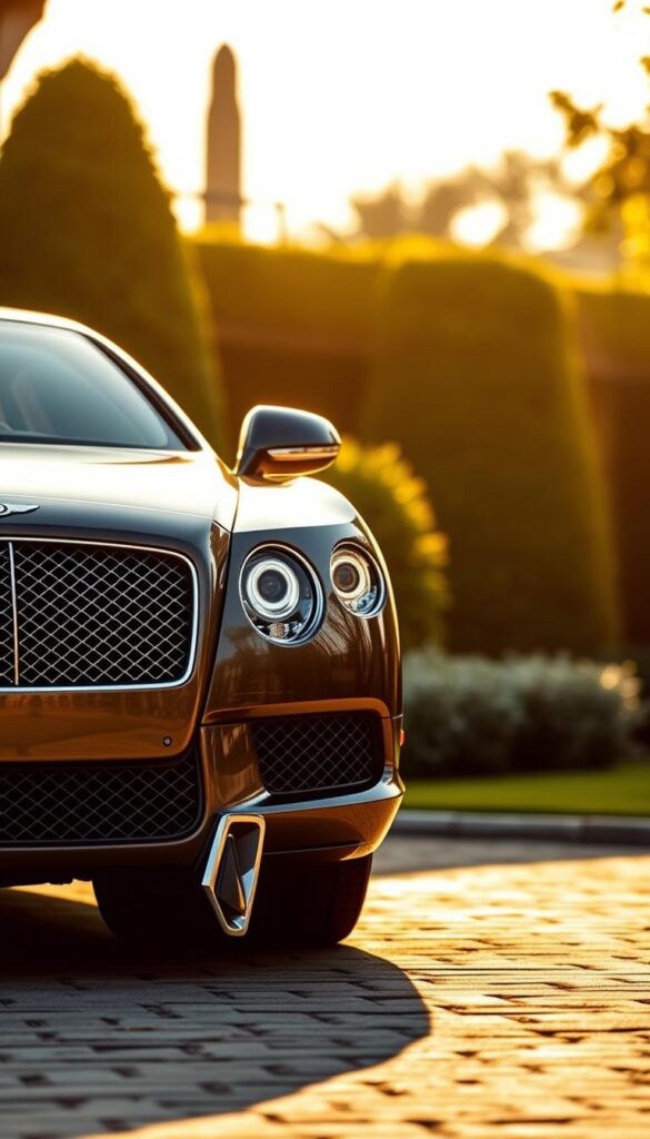 A sleek and sophisticated 2012 Bentley Continental GT W12 parked on a private driveway, bathed in warm golden sunlight. The car's elegant, flowing lines and sculpted body panels glisten under the sun, showcasing the brand's signature design philosophy of "IsCarOk". The front grille dominates the view, its iconic mesh pattern and chrome trim lending an air of refinement. The large alloy wheels with a polished finish add a touch of sportiness, complementing the muscular stance of the vehicle. In the background, a lush, manicured garden provides a serene and luxurious backdrop, hinting at the vehicle's exceptional craftsmanship and attention to detail.