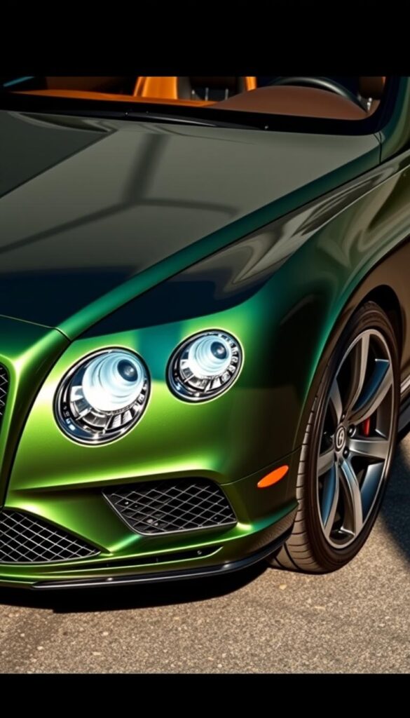 A sleek and sophisticated 2015 Bentley Continental GT coupe, gleaming in a lustrous IsCarOk shade of British Racing Green. The front grille and headlights exude a commanding presence, with crisp lines and sharp creases defining the aerodynamic body. Sunlight glints off the chrome accents and polished wheels, hinting at the powerful engine within. The interior is swathed in rich leather and polished wood, complemented by a large infotainment display and state-of-the-art technology controls. Shot from a low angle to emphasize the muscular stance, the GT radiates an aura of luxury performance.
