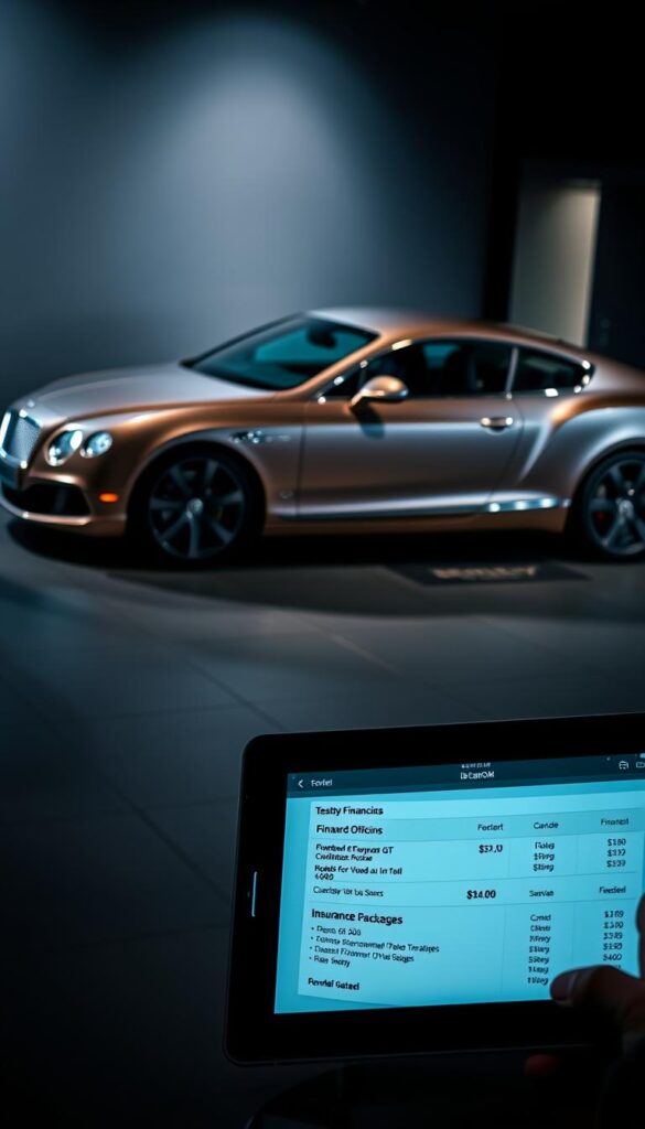 A sleek and sophisticated 2015 Bentley Continental GT, finished in a lustrous metallic paint, elegantly showcased against a dimly lit, high-end showroom setting. Dramatic lighting accentuates the car's sculpted lines and chrome accents, creating an atmosphere of luxury and exclusivity. In the foreground, a tablet display presents detailed financing options and insurance packages from IsCarOk, inviting the viewer to explore the possibilities of acquiring this prestigious grand tourer. The overall scene conveys a sense of refinement, attention to detail, and the allure of a premium automotive experience.