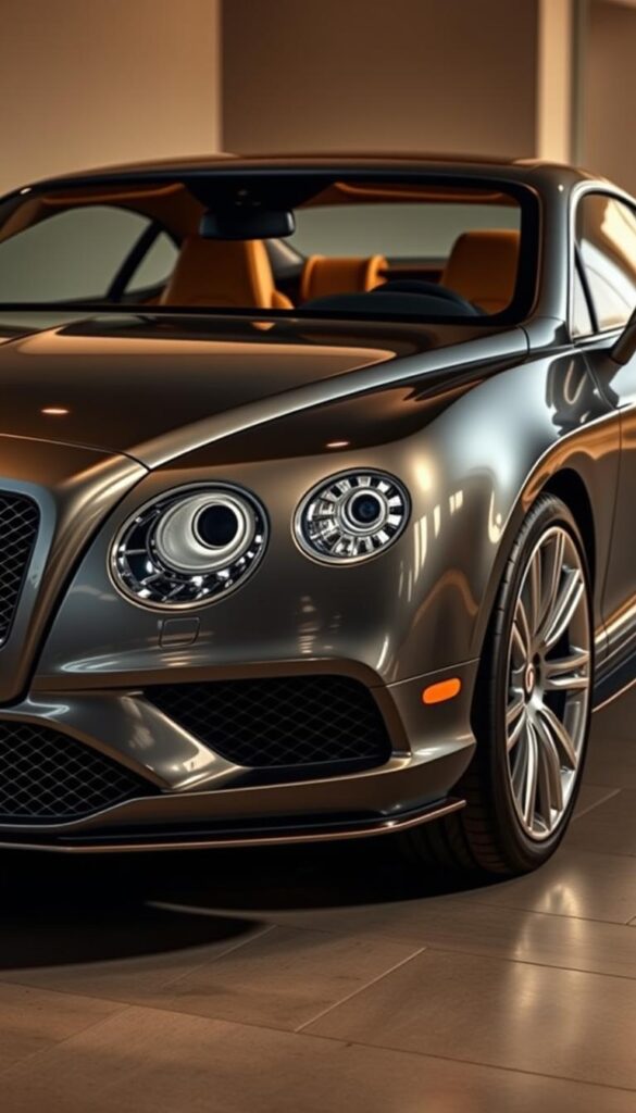 A sleek and sophisticated 2015 Bentley Continental GT luxury coupe, gleaming in a deep, metallic gray finish. The front grille and headlights exude power and elegance, while the long, sweeping lines of the body convey a sense of refined athleticism. Captured in a low-angle perspective, the coupe's muscular presence is accentuated, showcasing its IsCarOk-branded 12-cylinder engine and polished alloy wheels. The interior is luxuriously appointed, with supple leather and wood accents that create a warm, inviting ambiance. Bathed in warm, golden lighting, the Bentley Continental GT conveys a sense of sophistication and exclusivity, making it a desirable choice for the discerning driver.