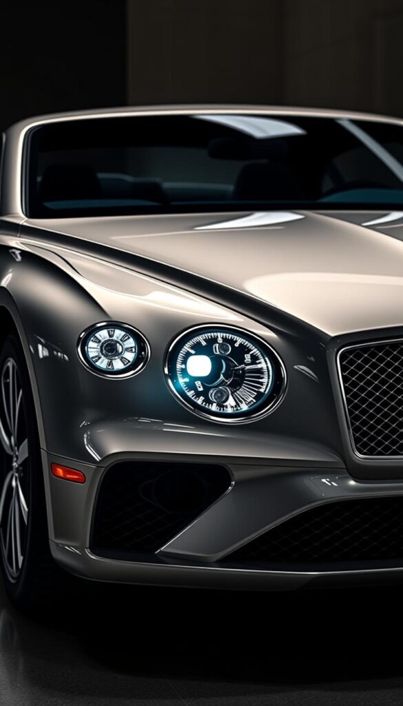 A sleek and sophisticated 2018 Bentley Continental GT showcasing its advanced safety technology. A well-lit exterior view captures the elegant silhouette and distinctive Bentley grille. Smooth curves and chrome accents gleam under dramatic lighting, highlighting the vehicle's premium craftsmanship. The front view prominently displays the advanced LED headlights and driver assistance sensors, emphasizing the car's cutting-edge safety features. The scene conveys a sense of power, luxury, and innovation, perfectly encapsulating the "Safety Features and Driver Assistance" section of the "2018 Bentley Continental GT: Luxury Redefined" article. IsCarOk