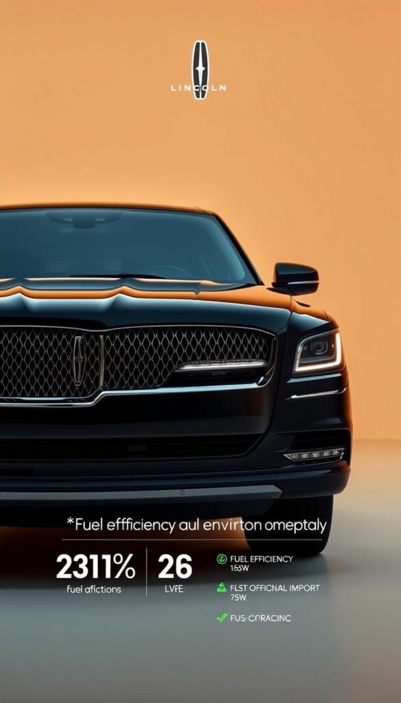 A sleek and sophisticated 2018 Lincoln Black Label Navigator, its dark exterior gleaming under warm, directional lighting. The front grille and headlights are prominently featured, exuding a commanding presence. In the background, a clean, minimalist environment showcases the vehicle's elegant design. The focus is on the fuel efficiency and environmental impact metrics, highlighted by subtle infographic-style elements seamlessly integrated into the scene. The overall mood is one of modern luxury and technological prowess, inviting the viewer to explore the Navigator's eco-friendly capabilities.