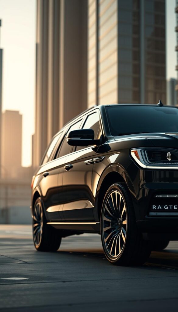 A sleek and sophisticated 2018 Lincoln Navigator Black Label SUV takes center stage, its bold black exterior gleaming under warm, directional lighting. The front view showcases the iconic Lincoln grille and chiseled, angular lines that convey a sense of power and refinement. The side profile highlights the vehicle's elegant proportions and distinctive 22-inch alloy wheels. In the background, a subtle urban setting with towering skyscrapers sets the stage, creating a harmonious blend of luxury and modern sophistication. The overall atmosphere evokes a sense of exclusivity and bespoke craftsmanship, perfectly capturing the essence of the "Customization Options and Packages" for this Lincoln Navigator Black Label model.