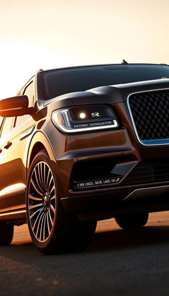A sleek and sophisticated 2018 Lincoln Navigator Black Label in a dramatic exterior design, captured from a low, dynamic angle. The luxurious SUV's elegant lines and sculpted bodywork gleam under warm, golden-hour lighting, accentuating its muscular stance and commanding presence. The distinctive front grille, sharp LED headlights, and bold chrome accents exude a powerful, premium aesthetic. The image showcases the Navigator's elegant silhouette, with attention to intricate details like the sweeping beltline, flush-mounted door handles, and 22-inch alloy wheels. The composition emphasizes the vehicle's sense of refined, large-scale luxury, conveying the "Exterior Design Excellence" of this flagship Lincoln model.
