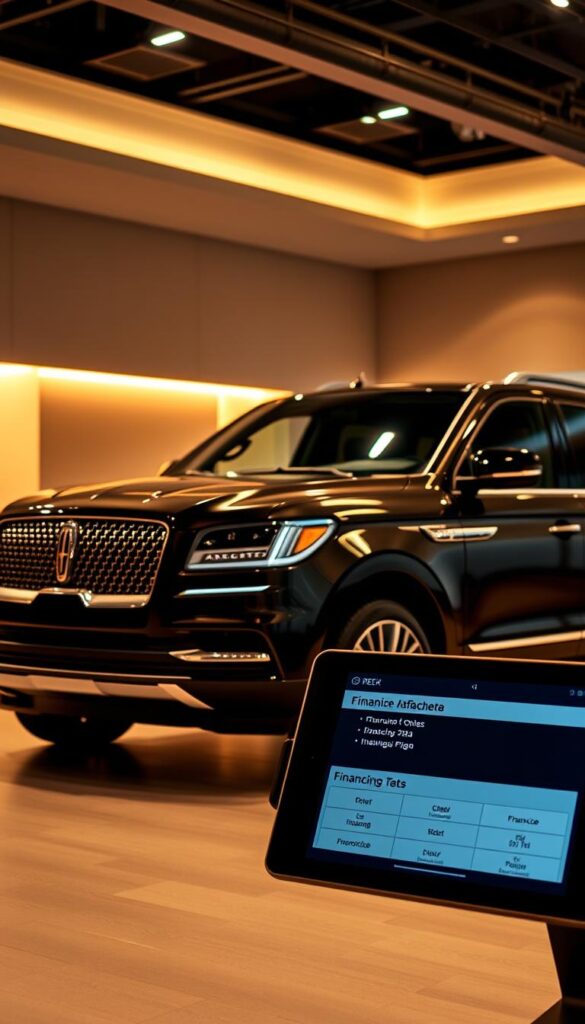 A sleek and sophisticated 2018 Lincoln Navigator Black Label in a modern showroom setting. The luxurious SUV is showcased under warm, dramatic lighting, creating a sense of elegance and refinement. The vehicle's metallic black exterior gleams, with subtle chrome accents highlighting its bold, angular design. In the foreground, various financing and insurance options are elegantly displayed on a touch screen interface, inviting the viewer to explore the practical considerations of owning this premium automotive masterpiece. The background is softly blurred, keeping the focus on the vehicle and its customizable financing solutions.