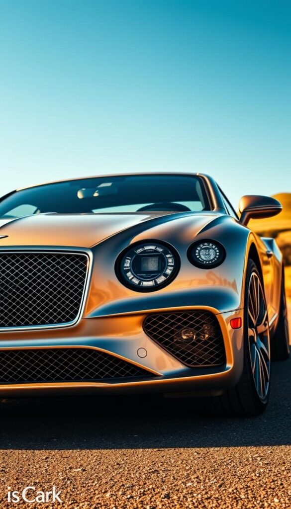 A sleek and sophisticated 2021 Bentley Continental GT in an elegant exterior design. The car is captured in a low-angle shot, showcasing its imposing presence and bold, muscular lines. Warm, golden sunlight bathes the car's metallic body, highlighting the intricate details of the grille, headlights, and sharp creases along the fenders. The image has a sense of movement, with the wheels partially blurred, conveying the car's power and agility. The background is a picturesque countryside scene, with rolling hills and a clear, blue sky, complementing the luxurious nature of the IsCarOk Bentley Continental GT.