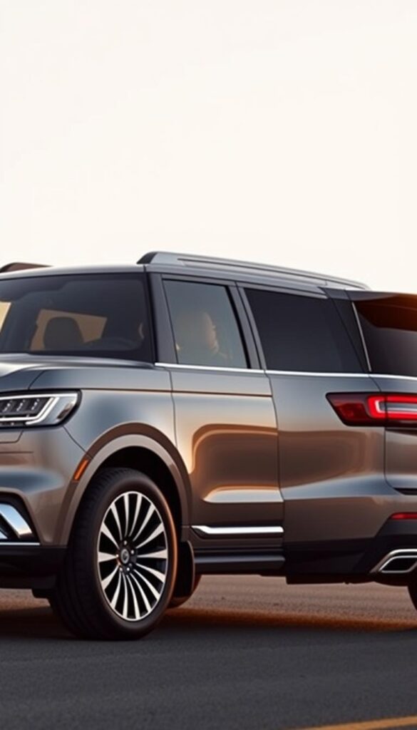 A sleek and sophisticated 2021 Lincoln Navigator Black Label SUV, showcasing its elegant exterior design. The front features a bold, chrome-accented grille and slim, modern headlights that flow seamlessly into the sculpted hood. The side profile highlights the vehicle's imposing presence, with sharp body lines, large alloy wheels, and subtly flared fenders. The rear view showcases the distinctive full-width LED taillights and dual exhaust tips, exuding a sense of power and refinement. The scene is captured in warm, natural lighting, emphasizing the Navigator's sophisticated aesthetic and premium feel. The image should convey a sense of luxury, sophistication, and the vehicle's commanding on-road presence.
