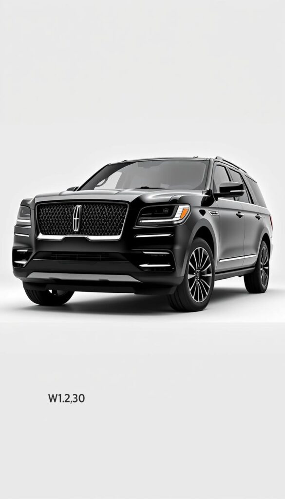 A sleek and sophisticated 2021 Lincoln Navigator Black Label luxury SUV, with a crisp and detailed exterior showcasing its imposing presence. The vehicle is positioned in a well-lit, high-contrast studio setting, allowing the premium matte-black paint finish and chrome accents to shine. The camera angle captures the front three-quarter view, highlighting the distinct grille, LED headlights, and sculpted hood. In the foreground, a subtle product placement displays the vehicle's pricing details and available package options, presented in a clean, minimalist style that complements the overall design aesthetic.