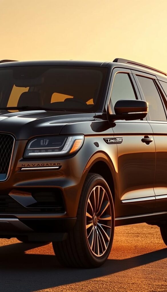 A sleek and sophisticated 2022 Lincoln Navigator Black Label SUV, captured in a dramatic wide-angle shot that showcases its bold exterior design. The vehicle's elegant body lines and muscular stance are illuminated by warm, golden hour lighting, casting deep shadows that accentuate the sharp creases and sculpted surfaces. The signature Lincoln grille, flanked by slim, piercing headlights, dominates the front view, conveying a sense of power and refinement. The side profile reveals the Navigator's imposing dimensions and flowing roofline, while the rear end features a distinctive full-width light bar that ties the design together. The image exudes a sense of luxury, technology, and refined American automotive craftsmanship.