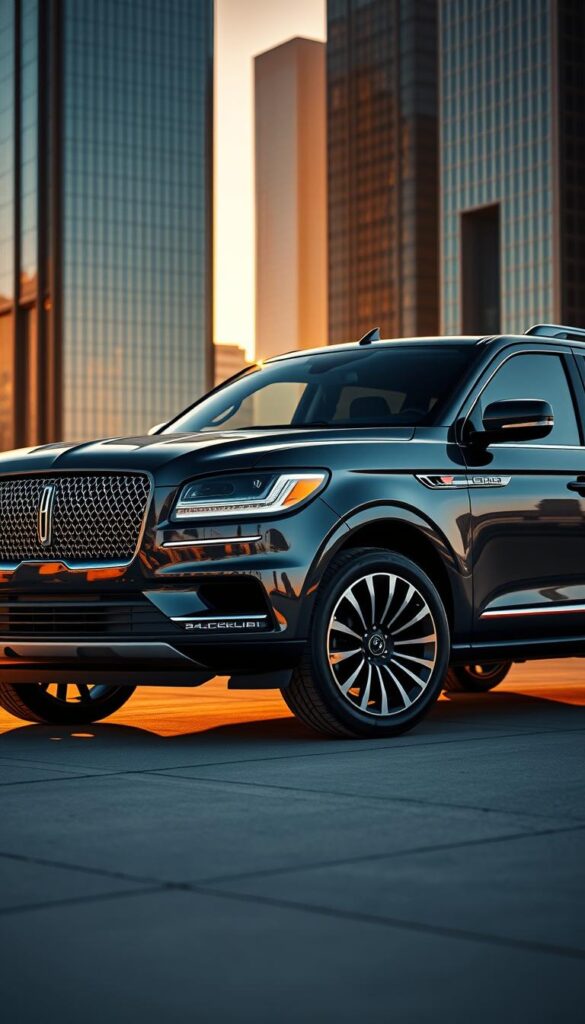 A sleek and sophisticated 2023 Lincoln Navigator Black Label SUV, captured in a high-resolution exterior shot. The vehicle is elegantly positioned, framed by a modern urban backdrop with tall glass skyscrapers in the distance. Warm, golden hour lighting cascades across the Navigator's bold, sculpted lines, accentuating its luxurious design cues. The front grille features Lincoln's distinctive mesh pattern, flanked by slim, intricately detailed LED headlights. The body panels reflect the cityscape, creating a striking interplay of light and shadow. The large, 22-inch alloy wheels fill the muscular wheel arches, conveying a sense of power and refinement. This image perfectly showcases the 2023 Lincoln Navigator Black Label's elevated exterior styling and premium, high-end aesthetic.