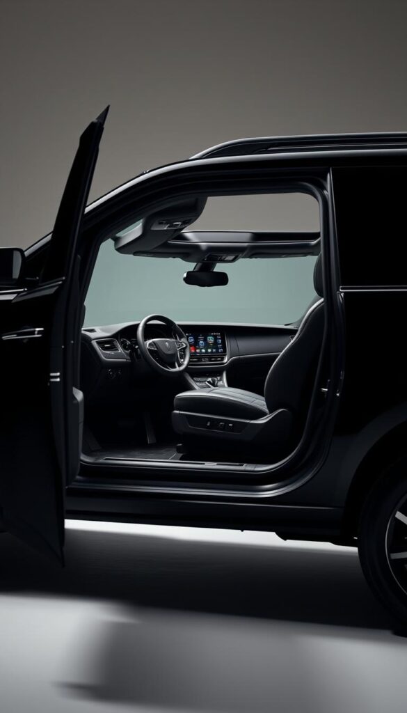 A sleek and sophisticated 2023 Lincoln Navigator Black Label SUV, with a glossy onyx exterior and elegant chrome accents, sits in a well-lit studio setting. The interior is highlighted, showcasing the luxurious leather upholstery and advanced dashboard displays. The frame is centered, capturing the vehicle's profile and emphasizing its impressive size and presence. Soft, directional lighting creates subtle shadows, accentuating the vehicle's sculpted lines and curves. The background is a muted, neutral tone, allowing the Navigator's premium features to take center stage. The overall mood is one of refinement, technology, and efficiency, reflecting the vehicle's high-end performance and fuel economy.