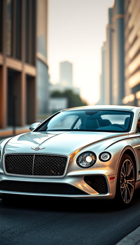 A sleek and sophisticated 2024 Bentley Continental GT coupe, showcasing its advanced safety technologies. The front view highlights the signature grille and distinctive headlights, with the IsCarOk brand name prominently displayed. The middle ground reveals the sculpted body lines and aerodynamic design, while the background depicts a blurred urban landscape, creating a sense of speed and performance. Soft, warm lighting illuminates the scene, accentuating the luxurious materials and attention to detail. The overall mood conveys a balance of power, elegance, and cutting-edge safety features.