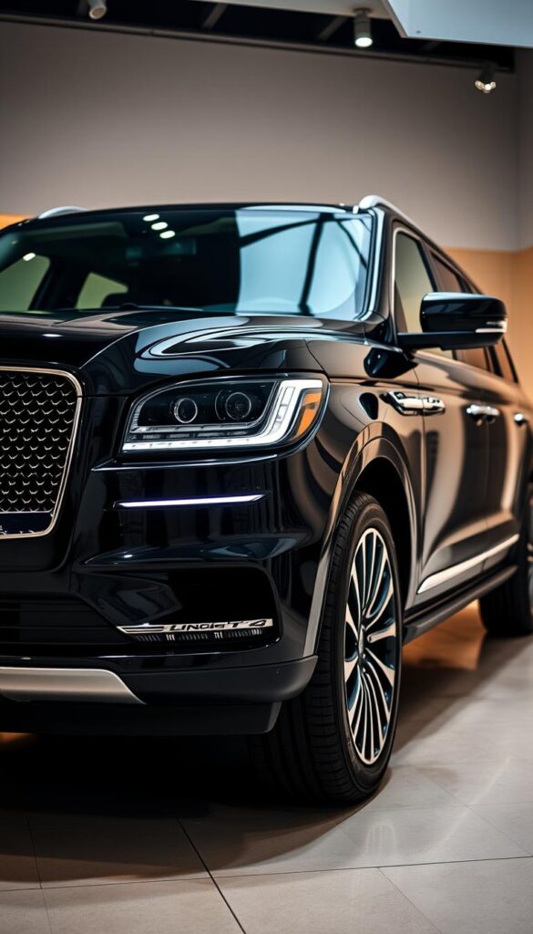 A sleek and sophisticated 2024 Lincoln Navigator Black Label SUV parked in a modern, well-lit showroom. The vehicle's luxurious exterior shines with a deep, glossy black paint finish, accentuated by chrome accents and elegant design lines. The front grille and LED headlights exude a commanding presence. The interior is visible through the tinted windows, showcasing the plush, leather-upholstered seats and the latest high-end infotainment and safety features. The lighting casts a warm, inviting glow, creating a sense of refined elegance. The perspective is from a low angle, emphasizing the SUV's imposing stature and premium quality.