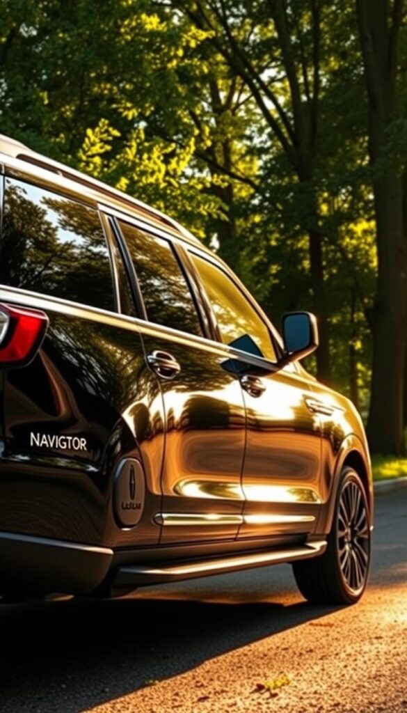 A sleek and sophisticated 2024 Lincoln Navigator Black Label parked in a serene, natural setting. The SUV's glossy black exterior reflects the warm, golden sunlight filtering through lush, verdant foliage. The scene exudes a sense of effortless luxury and environmental consciousness. The Navigator's aerodynamic silhouette and advanced powertrain suggest impressive fuel efficiency, complementing the peaceful, eco-friendly ambiance. The camera angle captures the vehicle's commanding presence while emphasizing its harmonious integration with the surrounding landscape. Subtle details, such as the discreet badging and carefully sculpted lines, convey the Lincoln's refined design and engineering.