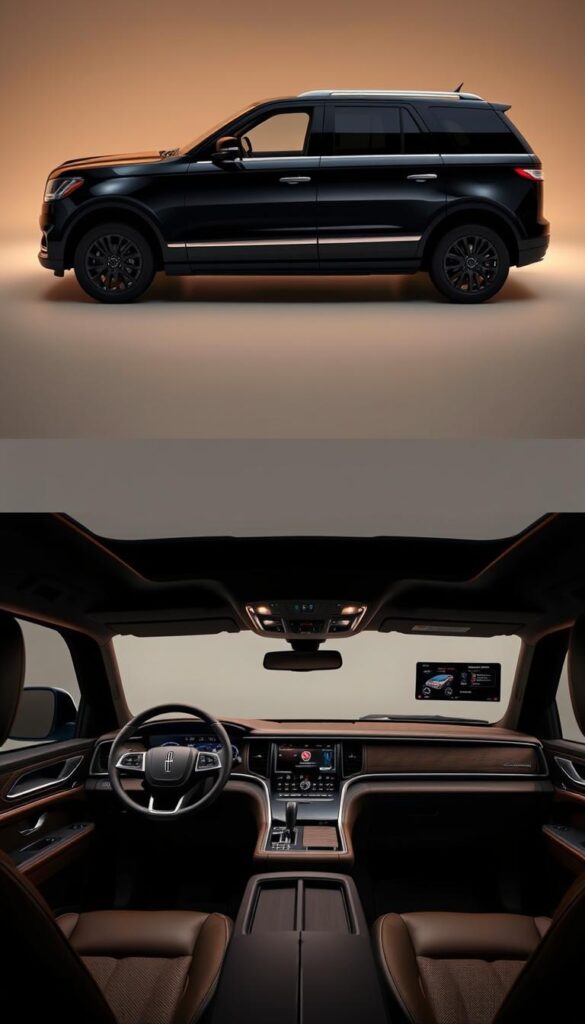 A sleek and sophisticated 2025 Lincoln Navigator Black Label SUV, its bold black exterior gleaming under warm studio lighting. The interior is showcased, revealing a meticulously crafted cabin with premium leather upholstery, ambient lighting, and state-of-the-art infotainment and connectivity features. The dashboard displays the latest Lincoln technology, including a large touchscreen display and advanced driver assistance systems. The scene conveys the vehicle's luxurious and technologically advanced nature, perfectly aligning with the "Technology and Entertainment Features" section of the article.
