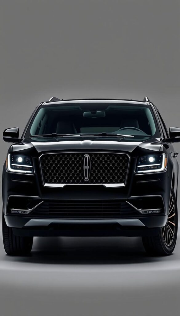 A sleek and sophisticated 2025 Lincoln Navigator Black Label, meticulously captured in a well-lit studio setting. The angular, bold exterior design commands attention, with the iconic grille and distinctive LED headlights catching the light. The luxurious black leather interior is visible through the large windows, hinting at the plush, high-end cabin. The vehicle is posed in a low-angle perspective, emphasizing its imposing presence and power. Soft, directional lighting creates dramatic shadows, accentuating the vehicle's sculptural form. The background is a clean, neutral gray, allowing the Navigator to be the sole focus of the composition.