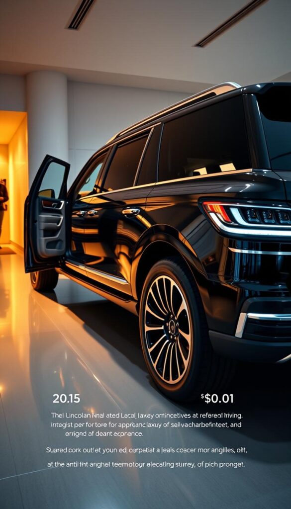 A sleek and sophisticated 2025 Lincoln Navigator Black Label parked in a modern showroom, illuminated by warm, ambient lighting. The luxury SUV's bold, angular lines and glossy, jet-black exterior command attention. The interior is showcased, revealing premium leather upholstery, polished wood accents, and the latest in-vehicle technology. The scene conveys the Navigator's uncompromising quality and the refined, elevated driving experience it offers. A subtle reflection on the showroom floor adds depth and dimensionality to the image. The overall composition showcases the vehicle's pricing and trim level details in an elegant, aspirational manner.