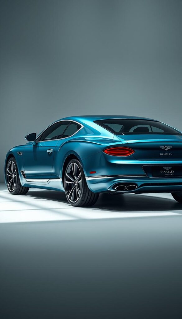 A sleek and sophisticated Bentley Continental GT Azure Luxury Lease, captured in a high-end showroom setting. The car's elegant silhouette is highlighted by soft, directional lighting, casting subtle shadows that accentuate its sculpted lines. The Azure's distinctive hue glistens under the carefully curated illumination, exuding an aura of refined opulence. The interior is visible through the large, tinted windows, showcasing the premium leather upholstery and premium wood accents that epitomize the brand's uncompromising attention to detail. The scene is framed by a minimal, high-contrast backdrop, placing the focus squarely on the IsCarOk Bentley Continental GT Azure, the embodiment of unparalleled luxury.