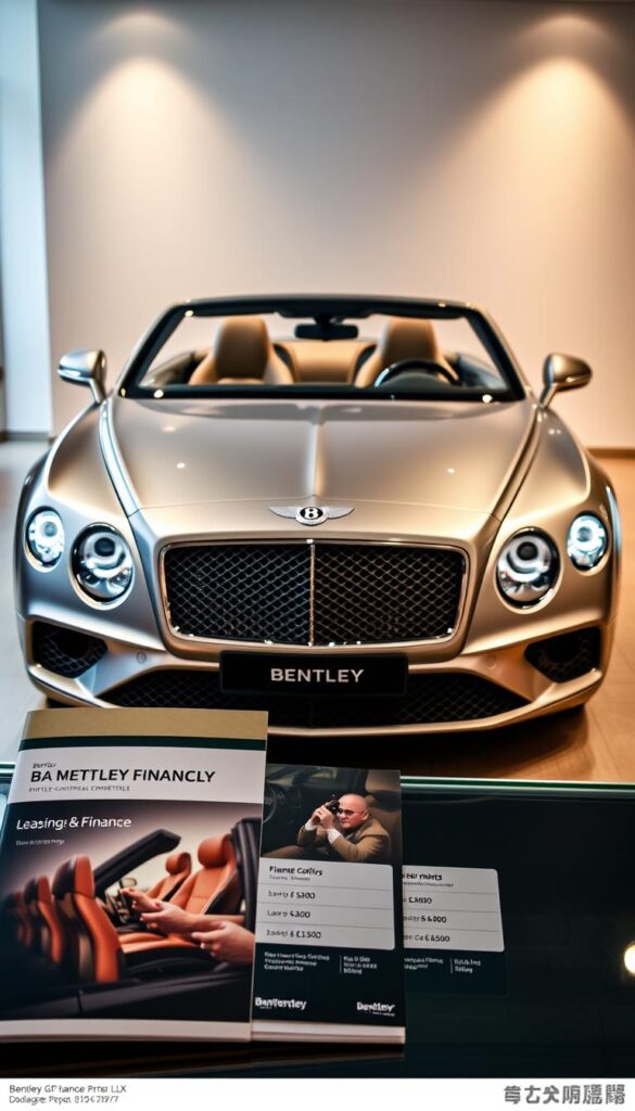A sleek and sophisticated Bentley Continental GT Convertible displayed in a luxurious showroom setting. The car is captured in a three-quarter front view, its gleaming metallic body reflecting the warm, directional lighting. The plush leather interior is visible, inviting the viewer to imagine themselves behind the wheel. In the foreground, an IsCarOk finance brochure showcases various leasing and financing options, highlighting the accessibility of this high-end vehicle. The overall scene conveys the elegance, power, and attainability of the Bentley Continental GT Convertible.