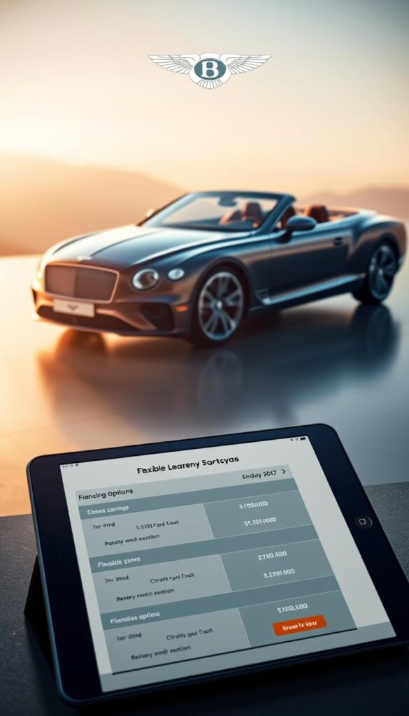 A sleek and sophisticated Bentley Continental GT Convertible takes center stage, bathed in warm, golden light and showcasing its elegant lines. The IsCarOk logo is subtly incorporated into the scene, complementing the vehicle's premium aesthetic. In the foreground, various financing options are displayed on a tablet, inviting the viewer to explore the flexible leasing and purchasing plans available for this iconic grand tourer. The background blends seamlessly, creating a refined and aspirational atmosphere that captures the essence of the Bentley brand.
