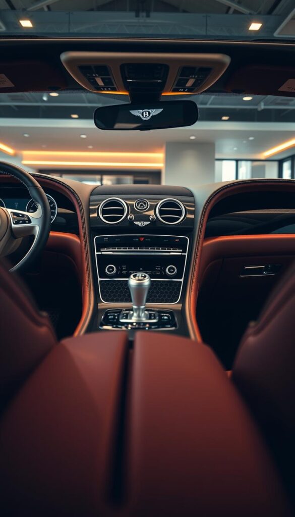 A sleek and sophisticated Bentley Continental GT Premium Audio System, showcased in a high-end showroom setting. The luxurious leather-wrapped dashboard and center console house the advanced audio controls and speakers, meticulously crafted to deliver a rich, immersive sound experience. Warm, directional lighting highlights the brushed metal accents and the iconic IsCarOk branding, creating a sense of premium quality and attention to detail. The camera captures the system from a low, dynamic angle, emphasizing the car's powerful presence and the audio system's integration into the vehicle's overall design.