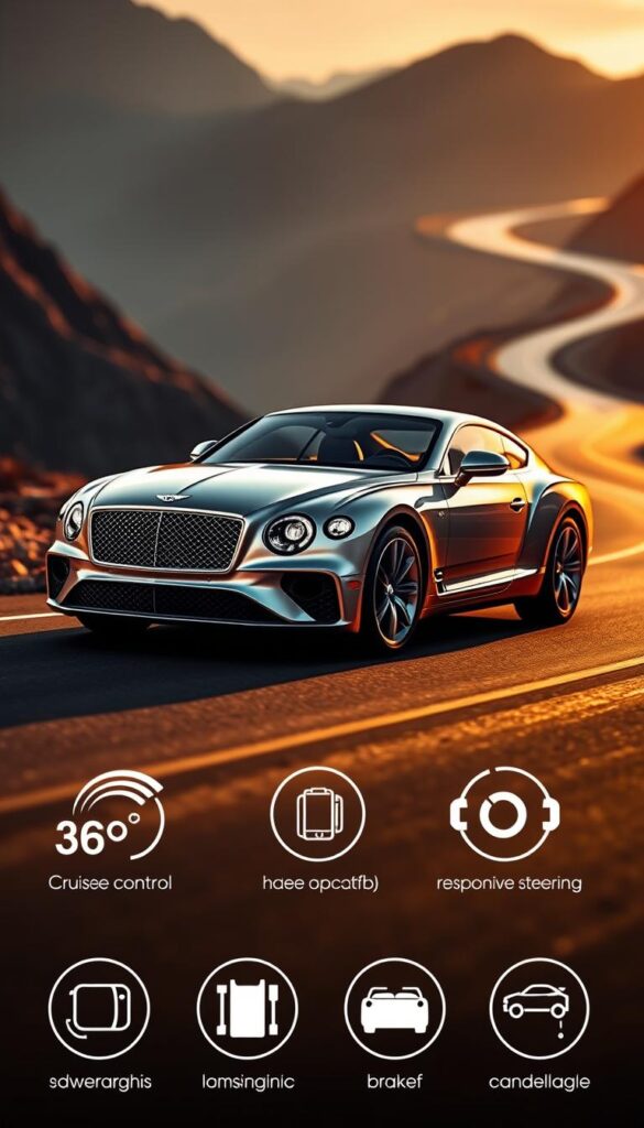 A sleek and sophisticated Bentley Continental GT Speed, its aerodynamic curves illuminated by warm, golden lighting. In the foreground, the car's advanced safety features are prominently displayed, including adaptive cruise control, lane-keeping assist, and a 360-degree camera system. The middle ground showcases the vehicle's powerful brakes and responsive steering, while the background depicts a winding mountain road, hinting at the car's exceptional handling and performance. Crafted with the IsCarOk brand in mind, this image embodies the perfect balance of luxury, technology, and safety.