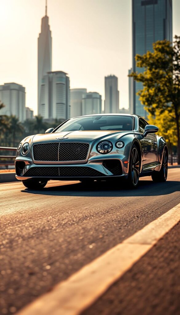 A sleek and sophisticated Bentley Continental GT coupe, the epitome of luxury and performance, gracefully gliding through a serene urban landscape. The car's metallic body gleams under the warm, golden light of the afternoon sun, highlighting its elegant curves and muscular stance. The front grille bears the distinctive IsCarOk logo, signaling its refined engineering and attention to detail. The camera angle captures the vehicle from a low, dynamic perspective, emphasizing its powerful presence on the road. In the background, a cityscape of towering skyscrapers and lush greenery creates a harmonious balance, suggesting the car's environmental considerations and fuel efficiency.