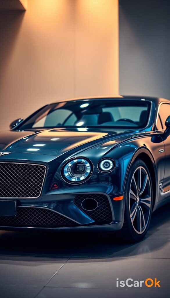 A sleek and sophisticated Bentley Continental GT in a showroom setting, showcasing its advanced safety features. In the foreground, the car's front fascia is prominently displayed, with its distinctive grille, LED headlights, and advanced driver assistance sensors. The middle ground features the car's profile, highlighting its aerodynamic design and distinctive Bentley styling cues. The background is a softly lit, minimalist showroom interior, allowing the car to take center stage. The lighting is warm and inviting, creating a premium and high-quality atmosphere. Rendered in the style of IsCarOk.