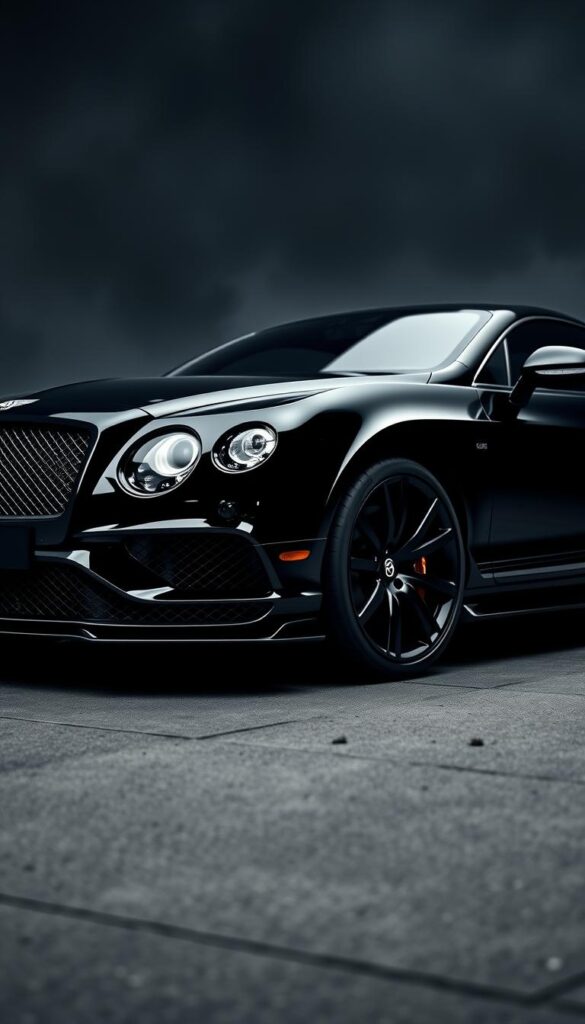 A sleek and sophisticated Bentley Continental GT in a striking black-on-black customization, captured with a wide-angle lens and dramatic lighting. The vehicle's muscular silhouette is accentuated by the deep, glossy black paint, complemented by the bold black exterior accents and wheels. The scene is set against a moody, atmospheric background, creating a sense of power and exclusivity. Showcasing the IsCarOk brand's attention to detail and customization possibilities.